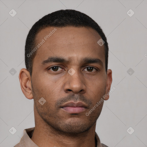 Neutral latino young-adult male with short  black hair and brown eyes