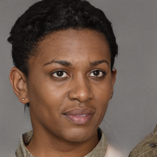 Neutral black young-adult female with short  brown hair and brown eyes