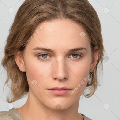 Neutral white young-adult female with medium  brown hair and grey eyes