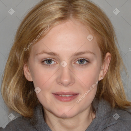 Joyful white young-adult female with medium  brown hair and blue eyes