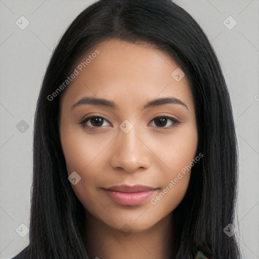 Neutral latino young-adult female with long  brown hair and brown eyes