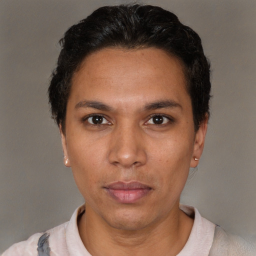 Neutral white young-adult female with short  brown hair and brown eyes