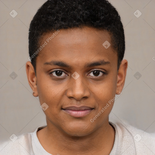 Joyful black child male with short  brown hair and brown eyes