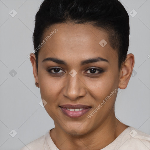 Joyful latino young-adult female with short  black hair and brown eyes