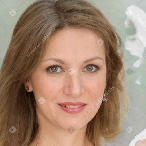 Joyful white young-adult female with medium  brown hair and blue eyes