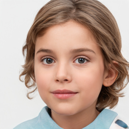 Neutral white child female with medium  brown hair and grey eyes