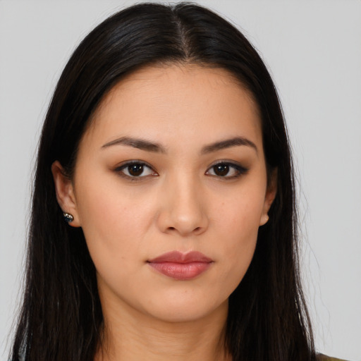 Neutral asian young-adult female with long  brown hair and brown eyes