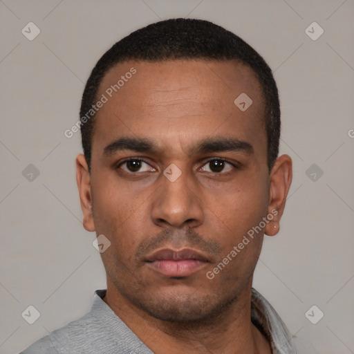 Neutral latino young-adult male with short  black hair and brown eyes