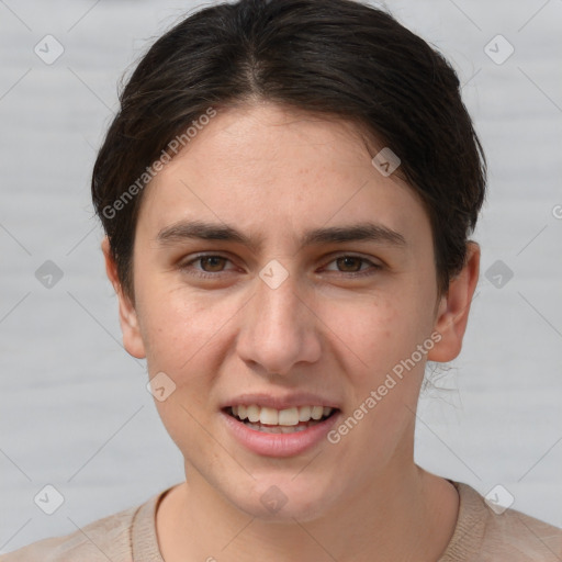 Joyful white young-adult female with short  brown hair and brown eyes