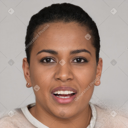 Joyful black young-adult female with short  brown hair and brown eyes