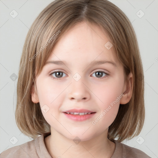 Joyful white child female with medium  brown hair and grey eyes