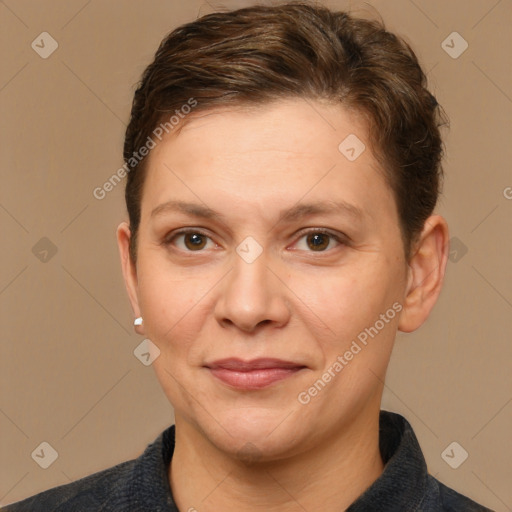 Joyful white adult female with short  brown hair and brown eyes