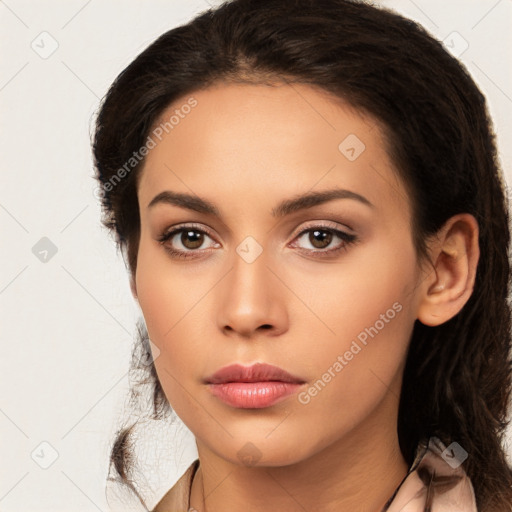 Neutral latino young-adult female with long  brown hair and brown eyes