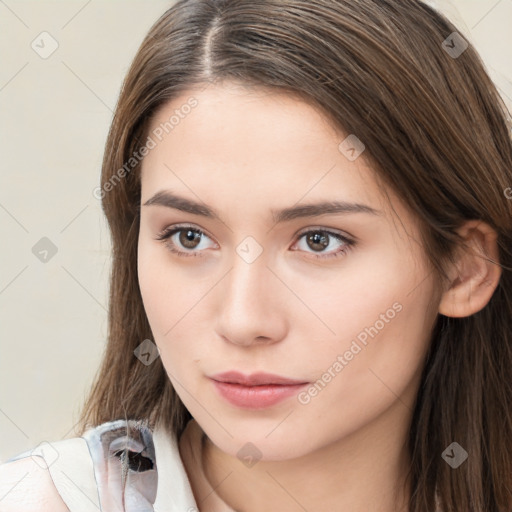 Neutral white young-adult female with long  brown hair and brown eyes