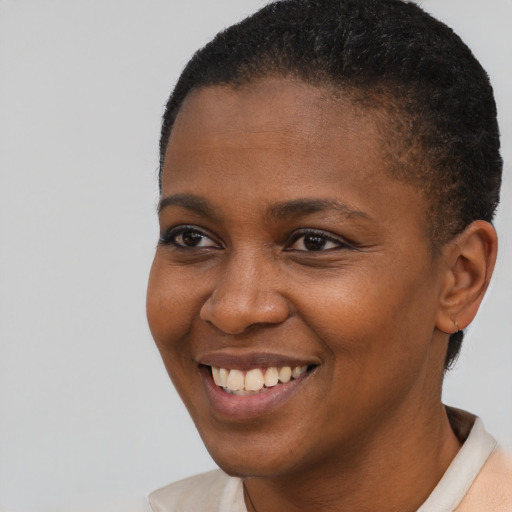 Joyful black young-adult female with short  brown hair and brown eyes