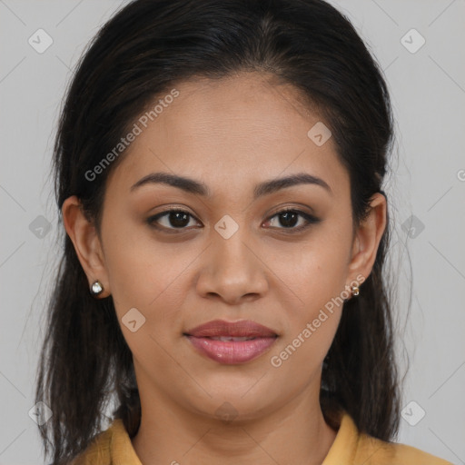 Joyful latino young-adult female with medium  brown hair and brown eyes