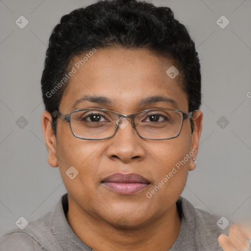 Joyful black adult female with short  brown hair and brown eyes