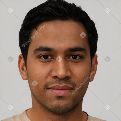 Neutral latino young-adult male with short  black hair and brown eyes