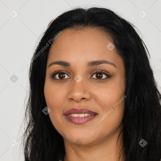 Joyful latino young-adult female with long  black hair and brown eyes