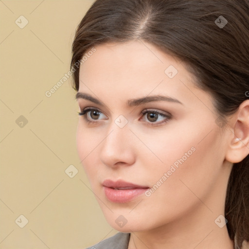 Neutral white young-adult female with medium  brown hair and brown eyes