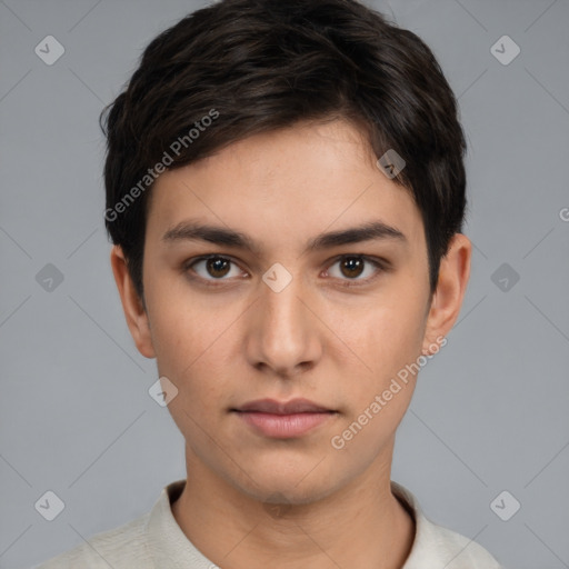 Neutral white young-adult male with short  brown hair and brown eyes