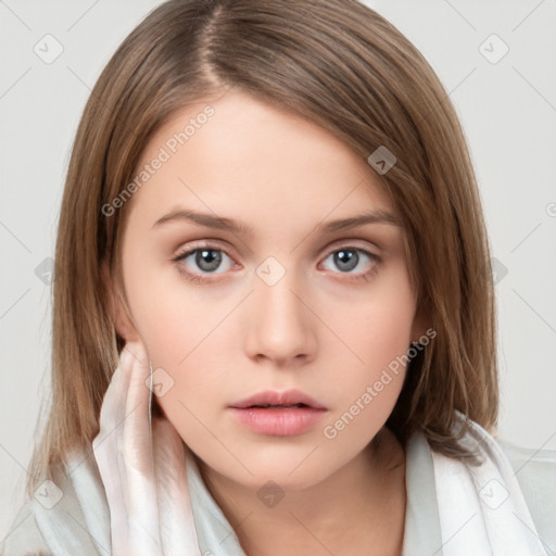 Neutral white young-adult female with medium  brown hair and brown eyes