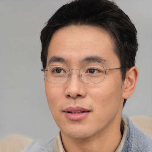 Joyful asian adult male with short  black hair and brown eyes