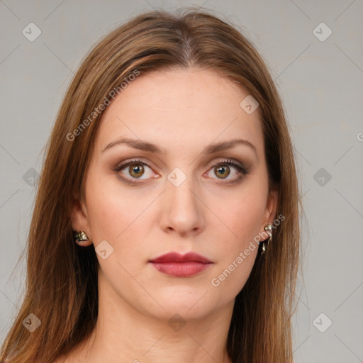 Neutral white young-adult female with long  brown hair and green eyes