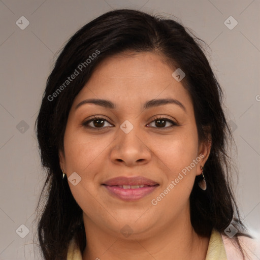 Joyful latino young-adult female with long  brown hair and brown eyes