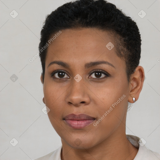 Neutral black young-adult female with short  brown hair and brown eyes