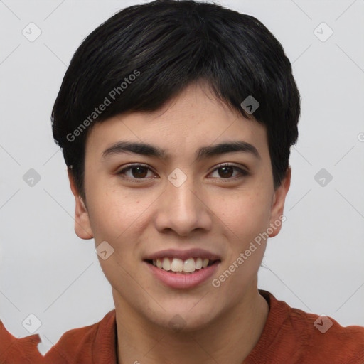 Joyful asian young-adult female with short  black hair and brown eyes