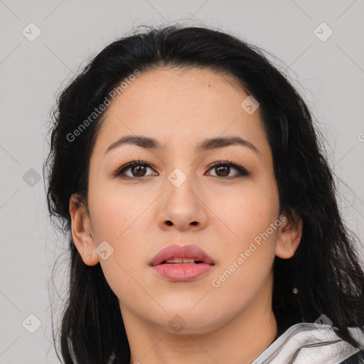 Neutral asian young-adult female with medium  black hair and brown eyes