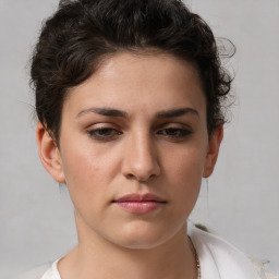 Neutral white young-adult female with short  brown hair and brown eyes