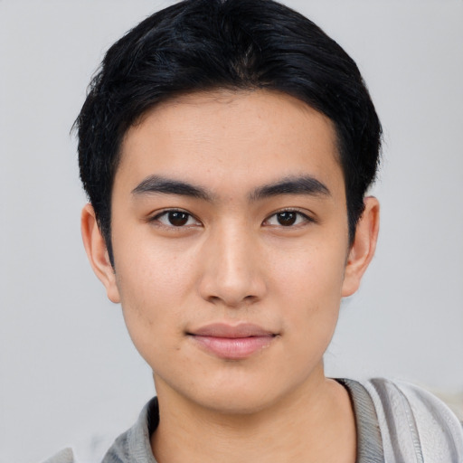 Neutral asian young-adult male with short  black hair and brown eyes