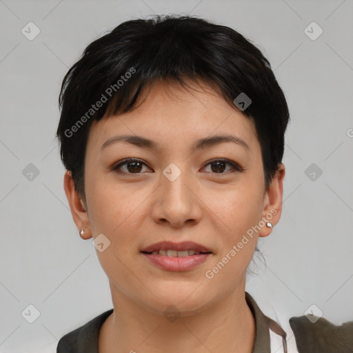 Joyful asian young-adult female with short  brown hair and brown eyes