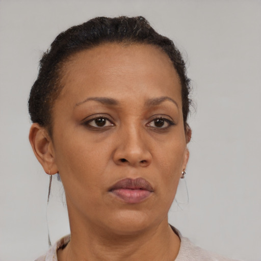 Neutral black adult female with short  brown hair and brown eyes