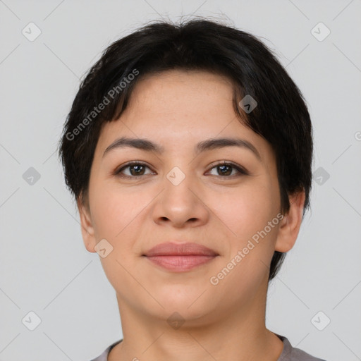 Joyful white young-adult female with short  brown hair and brown eyes