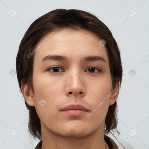 Neutral white young-adult female with medium  brown hair and brown eyes