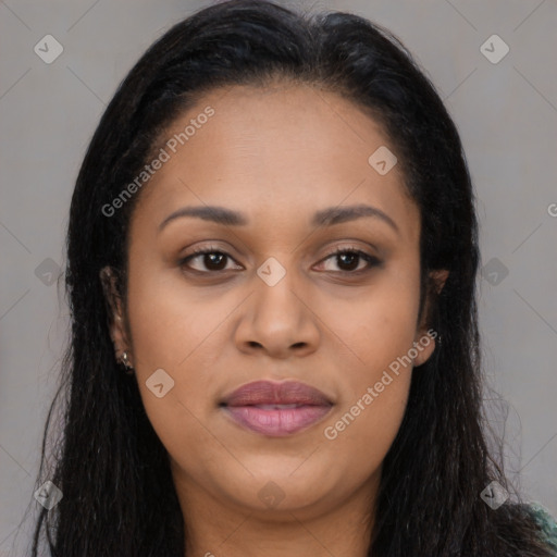 Joyful latino young-adult female with long  brown hair and brown eyes