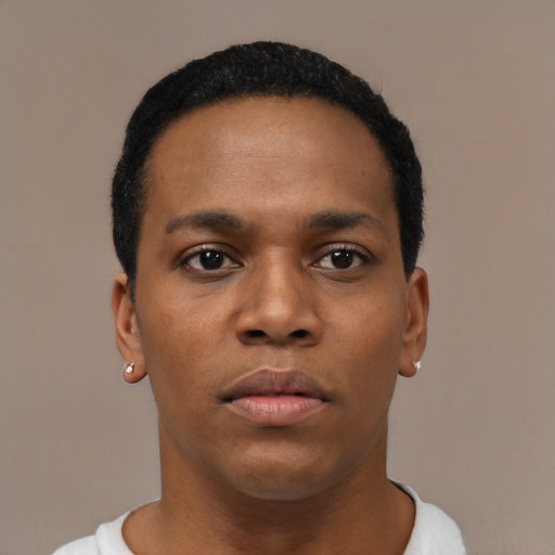 Neutral black young-adult male with short  black hair and brown eyes