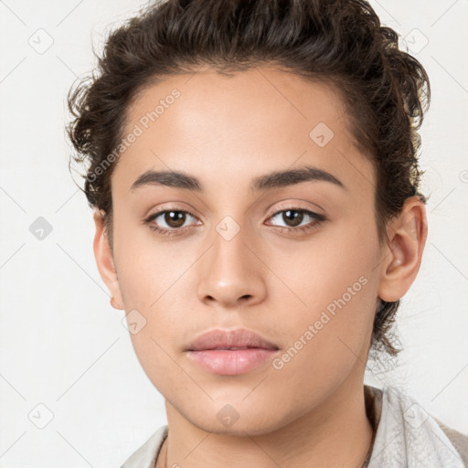 Neutral white young-adult female with short  brown hair and brown eyes