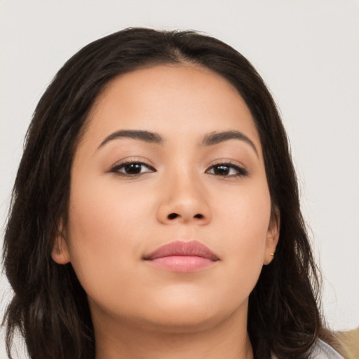 Neutral asian young-adult female with long  brown hair and brown eyes