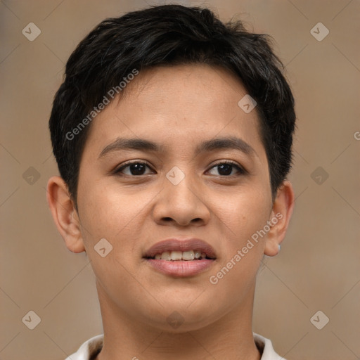 Joyful asian young-adult female with short  brown hair and brown eyes