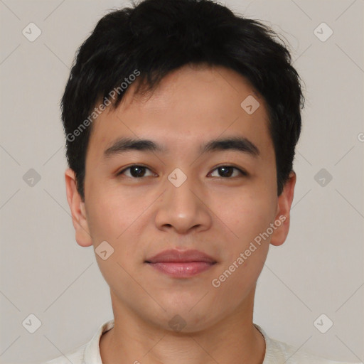 Neutral asian young-adult male with short  black hair and brown eyes