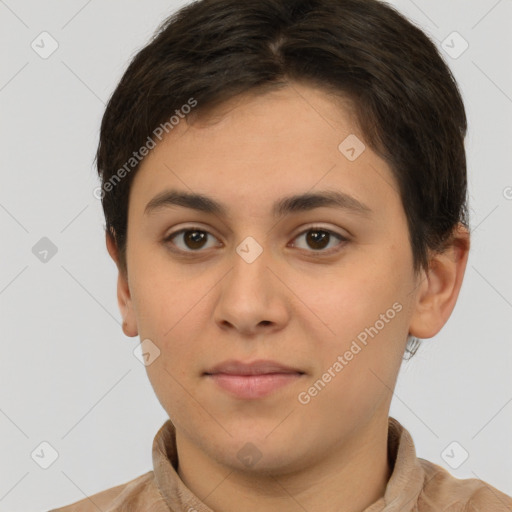 Neutral white young-adult female with short  brown hair and brown eyes