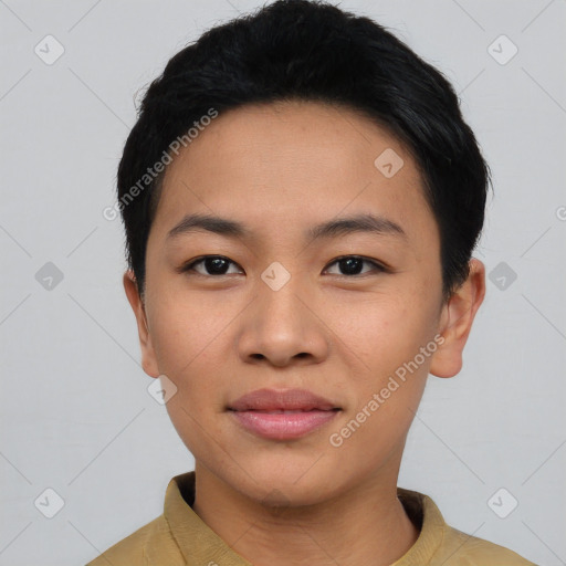 Joyful asian young-adult female with short  black hair and brown eyes