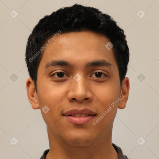 Joyful latino young-adult male with short  black hair and brown eyes