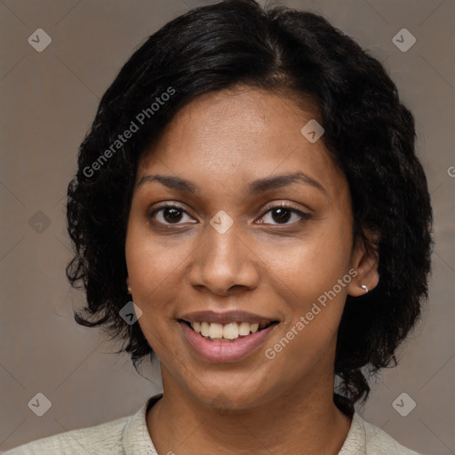 Joyful latino young-adult female with medium  black hair and brown eyes