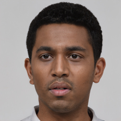 Neutral black young-adult male with short  black hair and brown eyes