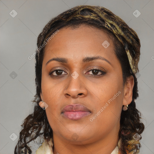 Neutral black young-adult female with medium  brown hair and brown eyes